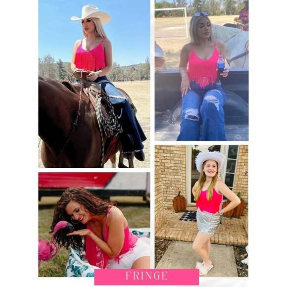 Women's Pink Fringe Tank Top Western Festival Clothing Cowgirl V Neck Outfits - Picture 3 of 7